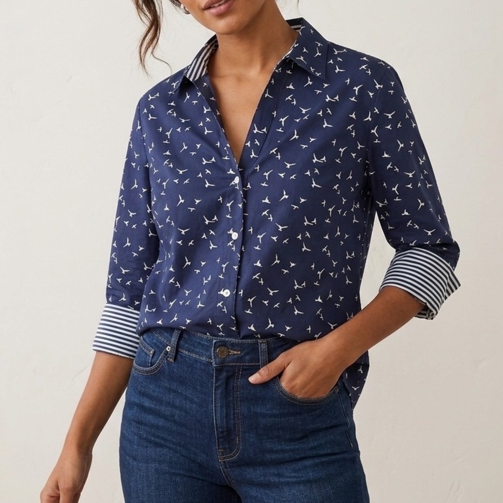 Foxcroft NYC Nautical Bird Print Easy Care Button Up Shirt XL‎ Summer Old Money